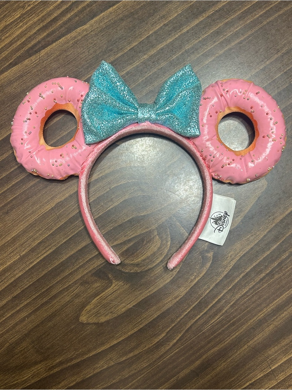 Disney Pink Donut Minnie Ear Headband with Teal Glitter Bow